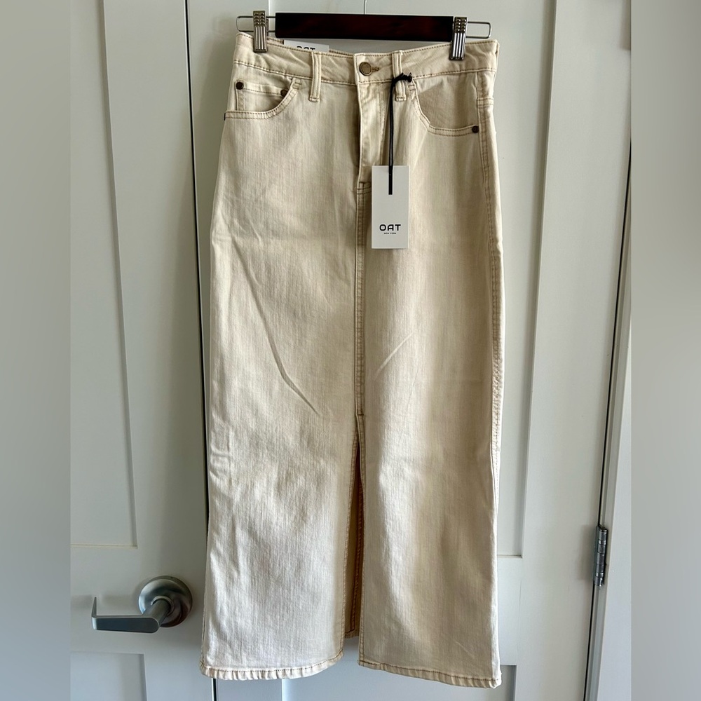 OAT New York Cream White Denim Long Pencil Split Skirt